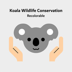 Flat vector icon illustrating hands protecting a koala, symbolizing wildlife conservation, animal protection, and environmental care, ideal for awareness campaigns and sustainability designs.