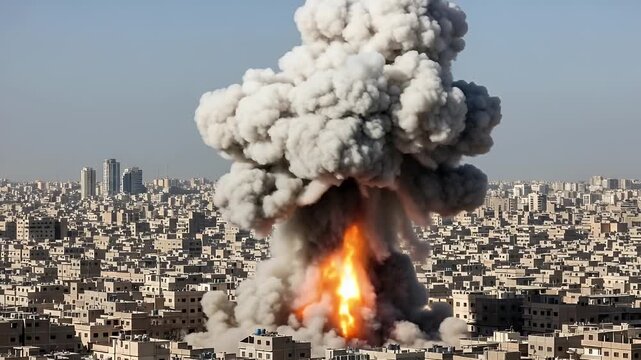 Massive explosion with fire and smoke rising over a cityscape
