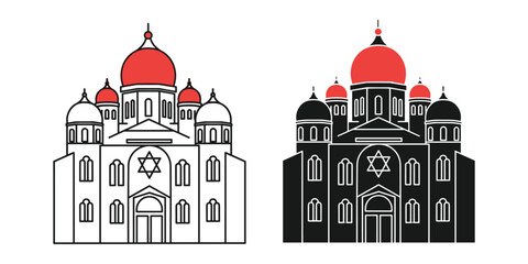 Synagogue buildings in black and white with red domes © Symon