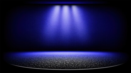 Dramatic blue lit stage with dark background and copy space