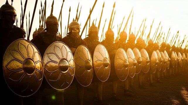 A line of ancient Greek warriors stands united, shields forward, spears at the ready, bathed in the golden light of sunset, exuding strength, unity, and readiness for battle.