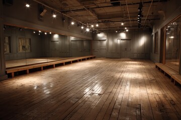 Obraz premium Spacious empty studio with rustic wooden floor, long wall mirrors, track lights. Ideal for dance, fitness, rehearsals, or creative empty space concepts.