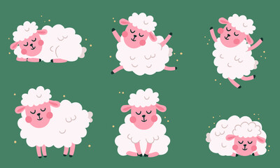 A set of vector illustrations in a cute children's style. Cute sheep in different poses, running, jumping, and sleeping. . Vector illustration