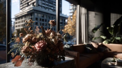 Dried floral arrangement with city view through window natural light