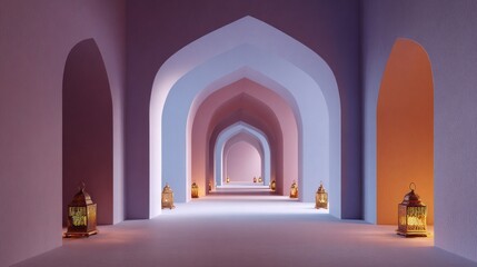 Elegant arched corridor interior with warm lighting and decorative lanterns