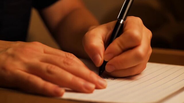 Hand writing on a notepad with a pen indoors at night