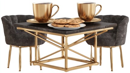 Elegant coffee table setting with gold cups and cookies on white background