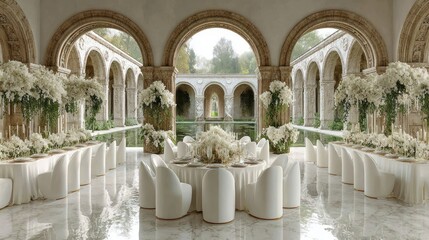 Elegant event setup with floral arrangements in a bright architectural setting