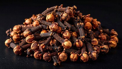 Obraz premium Pile of Dried Cloves on Dark Background Aromatic Spice for Culinary and Wellness Uses.