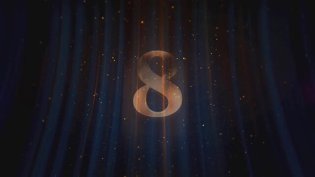 Epic 10 Second Countdown Opener. Golden Numbers and Show Time Title Reveal on Dramatic Blue Curtains with Glittering Particles.