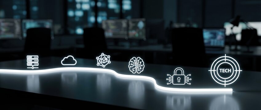 technology digital transformation cybersecurity ai cloud data glowing icons on an office desk at night representing a futuristic business roadmap and high-tech innovation strategy.
