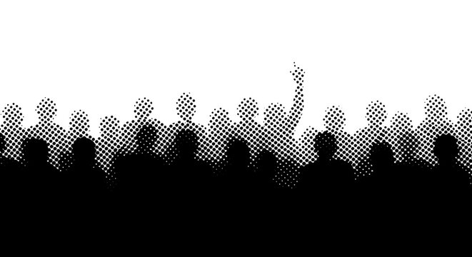 Black and white halftone silhouette illustration depicting a dense crowd of enthusiastic people cheering with one raised arm in excitement