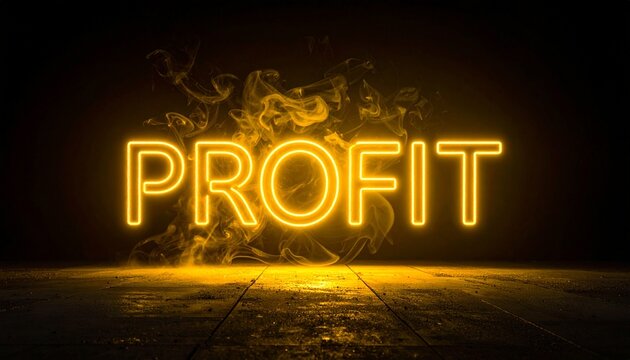 Glowing "PROFIT" Text on Dark Wooden Surface with Smoke Effect for Business Success Visualization.