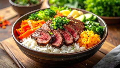 Delicious Beef Bowl with Fresh Vegetables a Healthy and Vibrant Meal for a Modern Lifestyle Concept.