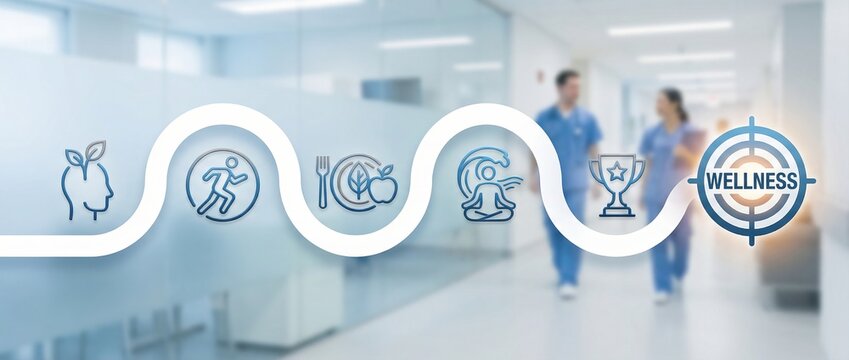 wellness healthcare lifestyle fitness nutrition mindfulness success concept icons showing holistic wellbeing journey path over blurred medical background with professional staff.