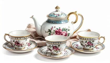 Porcelain Teapot and Tea Cups Set with Floral Design on a Light Fabric Background for Commercial Use.