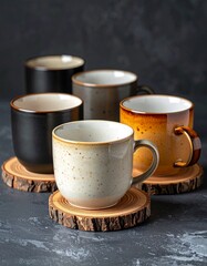 Rustic Mug Collection on Wooden Coasters Aesthetic Arrangement for Home Decor and Drinkware Presentation.