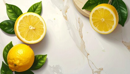 Fresh Lemon Citrus Still Life on Marble Background Bright Healthy Lifestyle and Wellness Concept for Product Mockups.