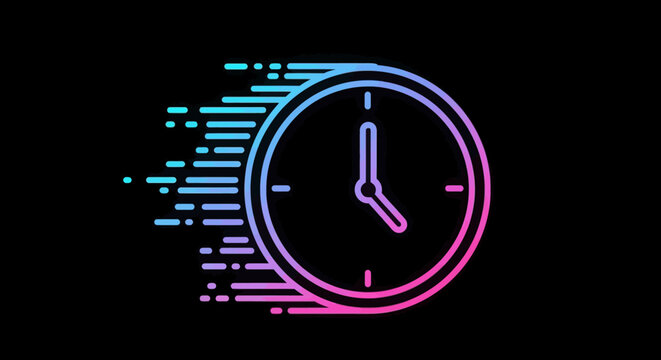 Dynamic clock icon with vibrant gradient motion lines symbolizing accelerated progress and