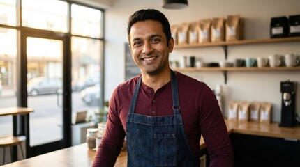 Obraz premium Smiling Indian Man Owner of Cafe, Wearing Denim Apron