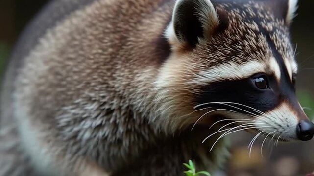 Close-up portrait of wild raccoon face in natural forest green foliage background