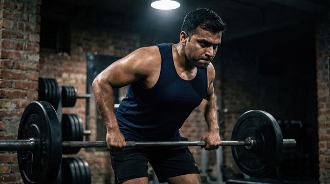 Man performing barbell row exercise in gritty gym