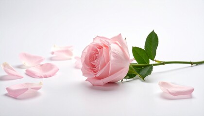 Delicate Pink Rose Laying on White Background for Valentine's Day or Romantic Occasions.