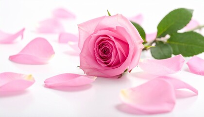 Delicate Pink Rose Blossom on White Background with Scattered Petals for Beauty and Wellness Concepts.