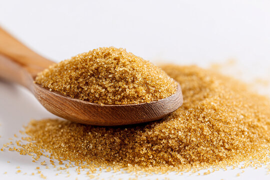 A close-up of brown sugar piled on a wooden spoon, showcasing its granulated texture and warm color.