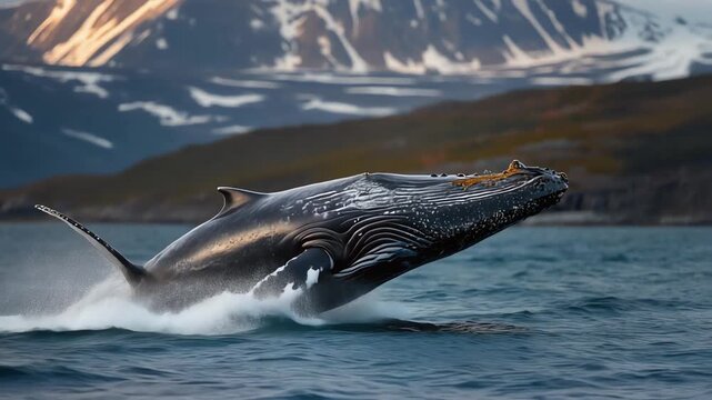 A humpback whale breaching the ocean surface near snowy mountains.