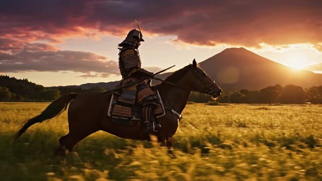 Samurai riding horse through field at sunset with mountain