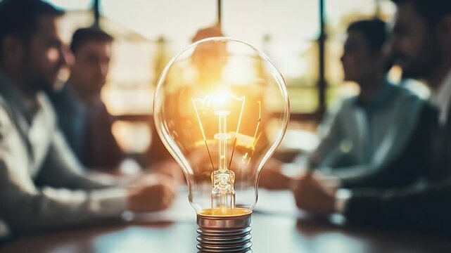 Glowing light bulb represents a bright business idea with a team in the background, symbolizing innovation and collaboration
