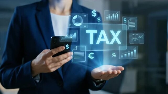 Professional 4K Cinematic Shot of a Businesswoman Holding a Smartphone and Displaying a Holographic Tax Management Interface