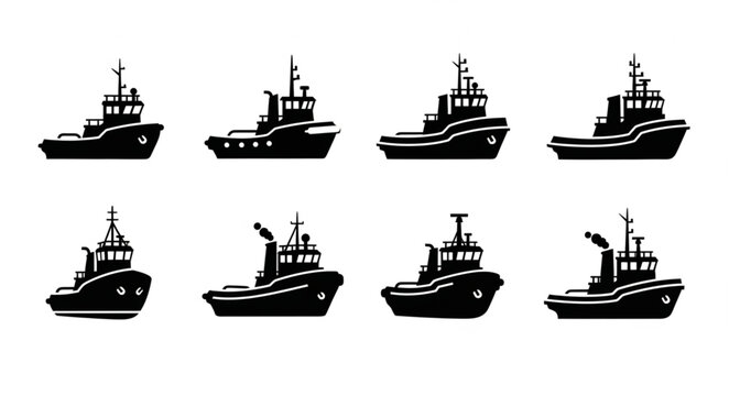 Collection of eight black tugboat silhouettes on a white background.