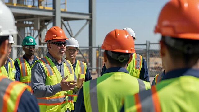 A group of construction workers in safety gear gathered for a briefing on a construction site, conveying teamwork and leadership.