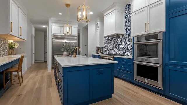 A modern kitchen features blue cabinetry, white countertops, a decorative tiled backsplash, and stainless steel appliances with gold fixtures.