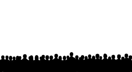 Naklejka premium Silhouette of a large audience group standing together in uniform black shapes against a vast, empty white background space above them.