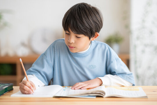 自宅で勉強をする男の子