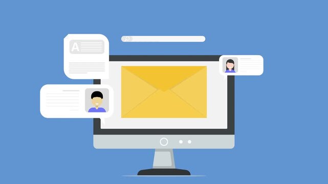 4K animation of email communication concept on desktop screen showing inbox message, online chat notifications, and digital messaging workflow for business and personal communication.