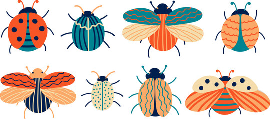 collection decorative trendy hand drawn garden bugs ladybug beetles folk art style vector illustration textile print modern web design © pani_Nadichka