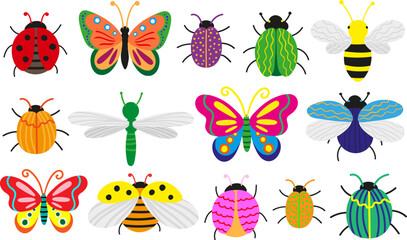 set of colorful hand drawn insects and butterflies isolated background flat vector bug elements for kids web design © pani_Nadichka