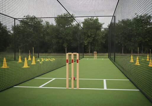 Cricket Practice Net with Training Cones and Cybersecurity Concept