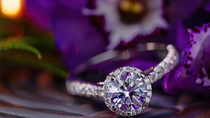 Fototapeta premium Sparkling Engagement Ring with Brilliant Diamond Surrounded by Elegant Purple Flowers