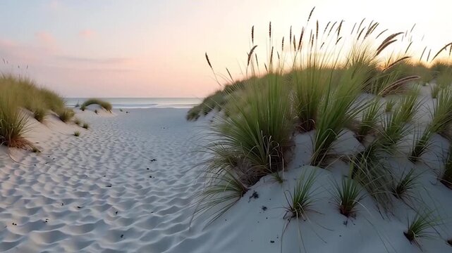 Serene coastal scene featuring a winding sandy path through tall beach grass leading to the sparkling turquoise ocean under a bright blue sky, evoking relaxation and summer vacation vibes ideal for tr