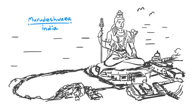 Hand drawn illustration of Murudeshwar Temple with Shiva statue. Gray color. Iconic Karnataka India landmark on Arabian Sea beach. Hindu spiritual architecture graphic