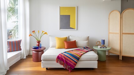 Bright and inviting minimalist living space showcasing colorful textiles and modern art