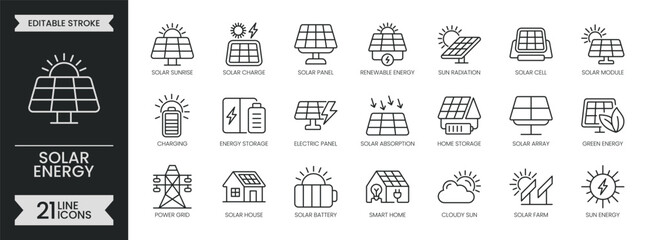 Solar energy outline icon set. Containing  renewable energy, solar panel, net zero, charging, battery, electricity, green, sustainable and more. Editable stroke symbols pack. Vector illustration © SomDraw