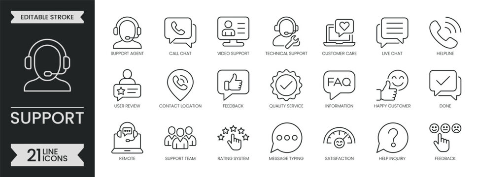 Support outline icon set. Containing customer service, agent, chat, help, call, technical, assistance, feedback, message, information, FAQ and more. Editable stroke symbols pack. Vector illustration