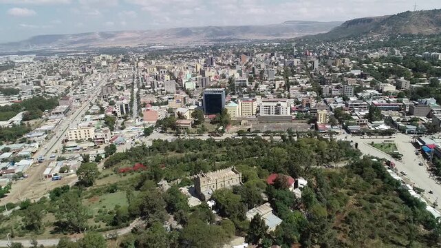 Aerial Wide Shot of Mekelle City Skyline and Urban Landscape, Tigray - Ethiopia