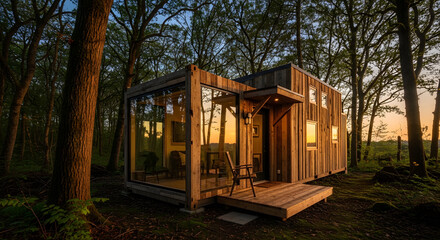 Modern tiny house architecture surrounded by lush green forest | Rustic wood cabin with panoramic glass windows at golden hour | Secluded forest retreat getaway home design | Sustainable minimalist